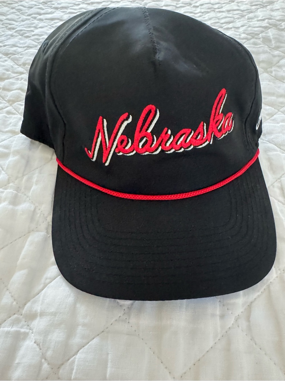 Nebraska Script Baseball Cap - Black with Red Trim